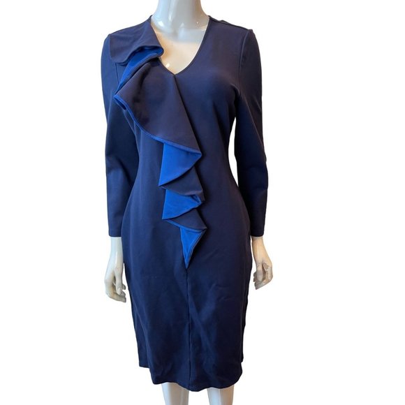 SABIE Women's Sheath Midi Dress Draped Ruffle V Neck Long Sleeve Blue Size Large - Picture 1 of 9